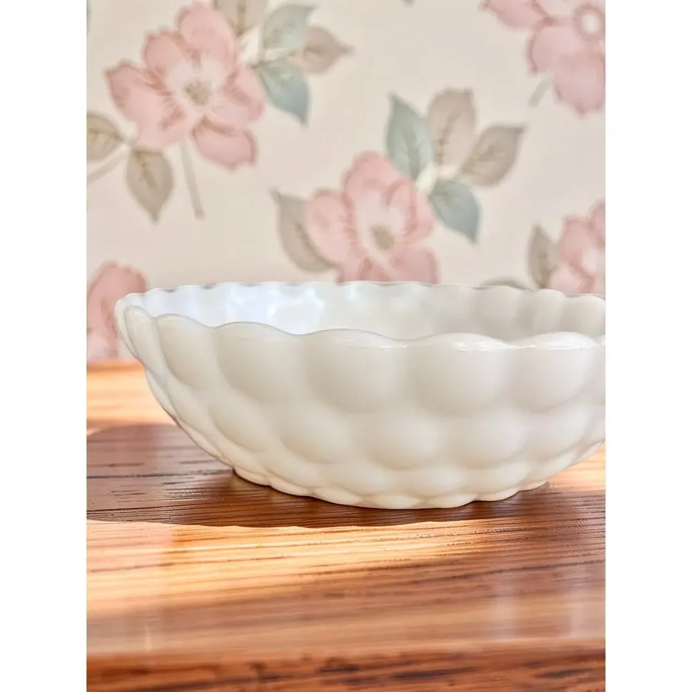 Vintage Anchor Hocking Fire King Bubble Milk Glass Bowl White Scalloped MCM
